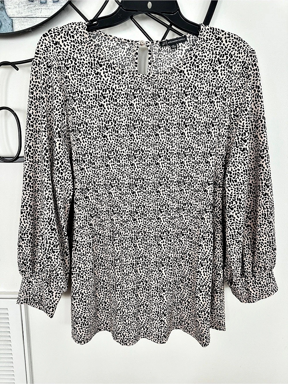 Adrianna Papell Animal Print Keyhole Long Sleeve Blouse light tan & Black XL